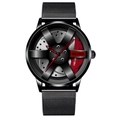 Men's sports quartz watch with black mesh strap and red brake caliper car hub dial - Metal Mesh / Red