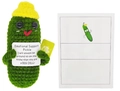 Macro detail of hand-knitted emotional support pickle plush toy with funny quote cards - Yellow Hat Cucumber + Card