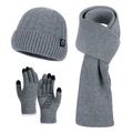 Grey winter knit hat, scarf and touchscreen gloves set for men with thermal fleece lining - Gray