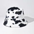 Classic cow print faux fur bucket hat with soft plush texture for winter warmth - M(56-58cm) / Black White Cow Print