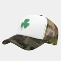 Camo trucker hat with white front panel and green clover print from a side view - Camo Patchwork White