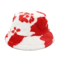 Detailed view of plush red and white floral patterned bucket hat with soft faux fur texture - M (56-59cm) / Red