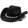 Schwarzer Stroh-Cowboyhut mit großen weißen Perlen und braunem Kinnband auf weißem Hintergrund - M (56-58cm) / Schwarz