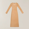 Slim fit ribbed knit long sleeve maxi dress in light camel earth tone, minimalist style - S / Faded Desert