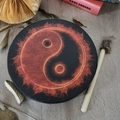 Handmade shaman drum with red flame yin yang pattern and furry drumstick on wood - Tai Chi Flame / Red Black Tai Chi