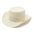 French style beige flat top straw boater hat with layered ribbons for beach sun protection - M (56-58cm) / Milk White
