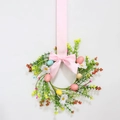 Easter wreath with pastel speckled eggs, daisies and a silk pink bow for wall hanging - Floral Bubble Bead Easter Egg Wreath with Pink Silk Bow