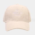 Detailed close-up of 'DON'T FORGET TO SMILE' white embroidery on corduroy baseball cap - One Size / Beige