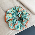 Green lace hair scrunchie with orange tiger and floral print on beige linen - Q546-4 Green Tiger Floral