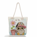 Detailed view of canvas tote bag with woven rope handle and cartoon owl print design - Flower & Owl