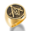 Anillo de sello dorado para hombre con símbolo masónico y fondo de esmalte negro pulido - US 11 / Dorado