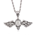 Gothic silver skull pendant with angel wings on a twisted rope chain for men - Silver Double Wing Skull Pendant (KP33328-D)