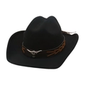 Chapeau de cowboy noir avec boucle de taureau argentée et ruban en cuir tressé marron - Taille Unique(Réglable) / Style Cowboy Classique / Noir (Tête de Taureau)