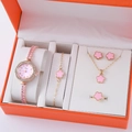Damenuhr in Roségold mit rosa Blumen-Schmuckset in einer orangefarbenen Geschenkbox - Roségold Rosa Blume Set (Ohne Box)