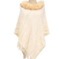 Beige chenille knit poncho with faux fur collar and tassels displayed on a mannequin - 85*80CM / Beige