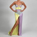 Lavender and yellow satin slip dress with light blue lace trim and high side slit - XS / Multicolor