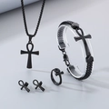 Black stainless steel Ancient Egyptian Ankh jewelry set with necklace bracelet and ring - Black 4-Piece Set