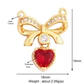 Pendentif nœud doré avec cœur rouge et cristaux blancs pour bijoux DIY, 16x19mm - Nœud Cœur Rouge
