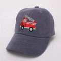 Close-up of red fire truck embroidery on a grey cotton kids baseball cap with fine stitching - Kids Size / Fire Truck Embroidery / Gray