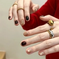 Korte ronde cat eye kunstnagels met minimalistische goud en zilveren ringen voor dames - Zwart/Nude Cat Eye (Lijm Type)