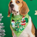Detailed view of a green Christmas dog bandana with snowman print worn by a Beagle - Bright Green Cartoon Snowman Style