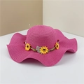 Rose red straw sun hat with wide wavy brim and sunflower headband for beach vacation - Rose Red