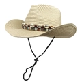 Men's Panama straw hat with bohemian shell band and adjustable chin strap in beige color - M (56-58cm) / Beige