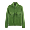 Women's zip-up knit cardigan in grass green with high collar and dual cargo pockets - Green