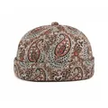 Vintage paisley pattern brimless sailor cap in beige and reddish brown textured jacquard - Adjustable / Khaki