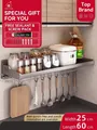 Gunmetal grey 60cm wide wall-mounted kitchen rack with hooks for spice storage - with Hook / 25x60cm