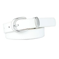 White minimalist faux leather belt for women with silver oval metal buckle and stitching - White