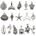 Set of 15 antique silver ocean animal charms featuring turtles, seahorses and starfish - Mixed 15 Ocean Designs