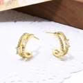 Detail of gold C-shaped earrings featuring double rows of clear cubic zirconia inlay - Double Row Zirconia