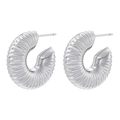 Detailed close-up of C-shaped silver hoop earrings with textured hollow twist design - VE1159 Croissant Screw-Silver