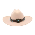Beige wool felt jazz fedora hat with turquoise rivets and brown leather band - One Size (Wide Brim) / Beige Bound Edge (Treasure Flower Leather Belt)