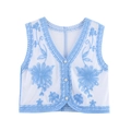 Detail of floral embroidery on vintage white mesh vest with V-neck lace trim and buttons - S / White (Blue Flower)