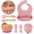 Pink food-grade silicone baby feeding set with suction plate, bib, and wooden utensils - Pink-8Pcs Set