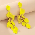 Elegant long tassel drop earrings with yellow rose petal charms and golden chain link - Yellow