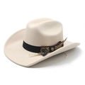 Classico cappello fedora in feltro di lana beige con fascia boho vintage e piuma vera - M(56-58cm) / Beige