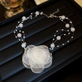 Elegant white fabric flower necklace with pearls on multi-strand fishline for women - Ethereal Mesh Flower Pearl Three-Layer Necklace
