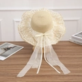 Beige straw sun hat with elegant white lace trim and a large mesh bow for summer - Satin Bow Style - Beige