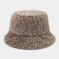 Macro detail of plush faux fur texture and leopard print on the winter bucket hat - One Size / Khaki