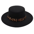 Detail of black wool felt boater hat with leopard print band and metal rivets - One Size / Black