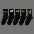Five-pack of black crew socks with street graffiti prints and colorful artistic patterns - 5 Pairs (Styles 24, 25, 26, 28, 29)