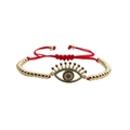 Handmade red braided cord bracelet with gold beads and a Turkish evil eye pendant - Gold Copper Beads Red Rope