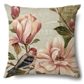 Linen pillow cover featuring vintage floral bird print and pink magnolia flowers - 45x45cm / Pink Magnolia Bird (15017-1)