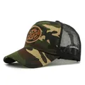 Classic woodland camouflage trucker hat with breathable mesh and Enjoy Life leather patch - Army Green Camo