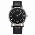 Montre à quartz avec bracelet noir en cuir et cadran à chiffres romains argent - Cadran Noir Bracelet Noir