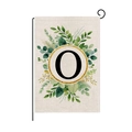 Garden flag with golden glitter ring and green leaves featuring letter O on burlap - Letter O