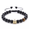 Detail of tiger eye stone and crystal zircon letter T charm on black beaded bracelet - Letter T-Black Agate Bracelet